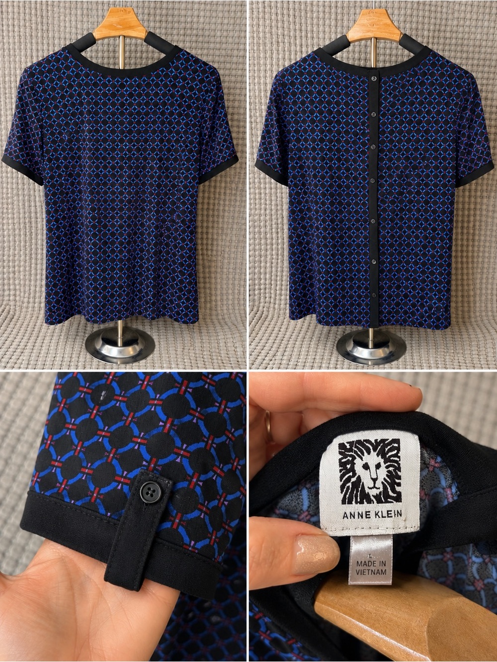 Anne Klein Navy & Black Geometric Button-Back Tee
